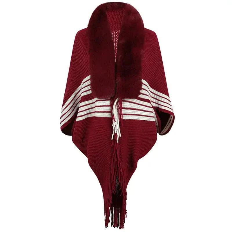 Cheky - Tassel Cape And Shawl Women's Striped Fur Collar Scarf