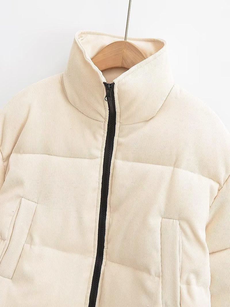 Cheky - Winter Stand Collar Zipper Drawstring Cotton Coat