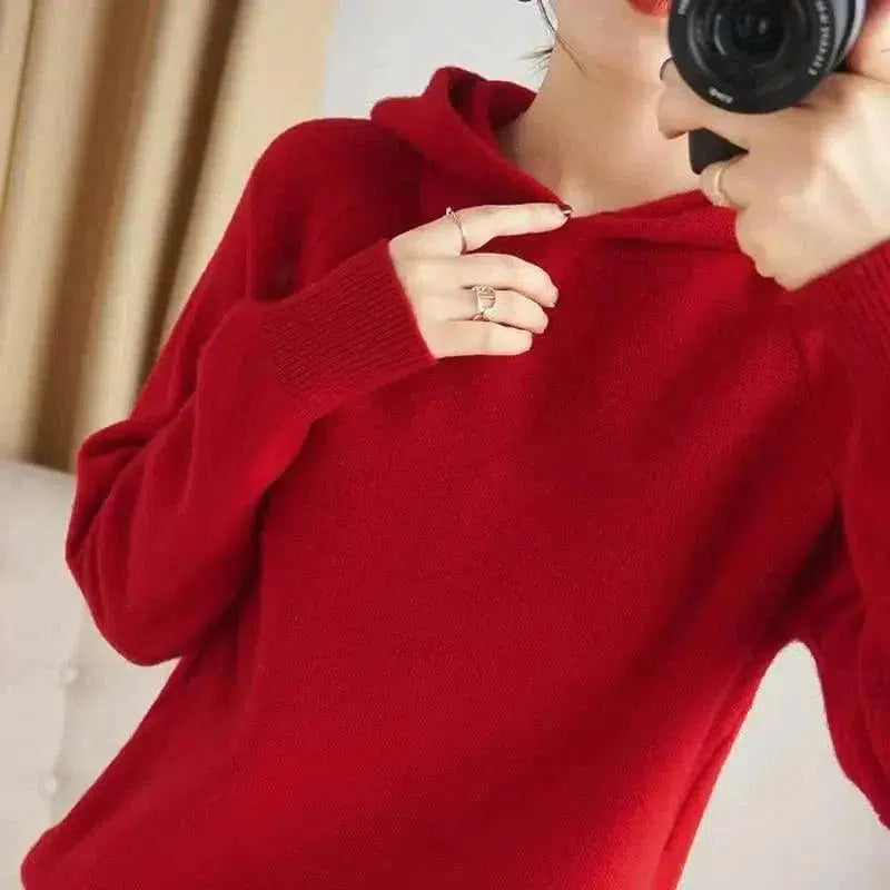 Cheky - Wool Sweater Women's Hooded Pullover Long-sleeved Knitted